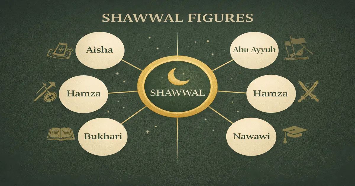 Shawwal figures guide covering Aisha Abu Ayyub Hamza Khalid Bukhari Jafar al-Sadiq Nawawi with six fasts context, Uhud Hunayn Taif links, and beginner timeline