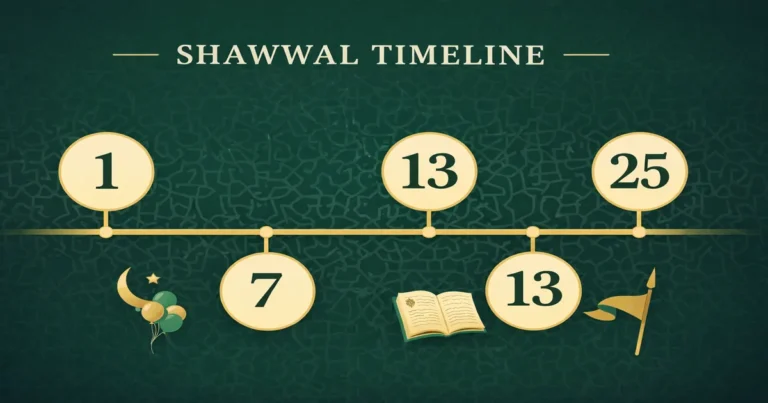 Islamic month timeline guide with 1–25 date map, Eid day context, Uhud and Hunayn sequence, Taif siege summary, Hajj months start note, six voluntary fasts section, and authenticity red-flag checklist (2026)
