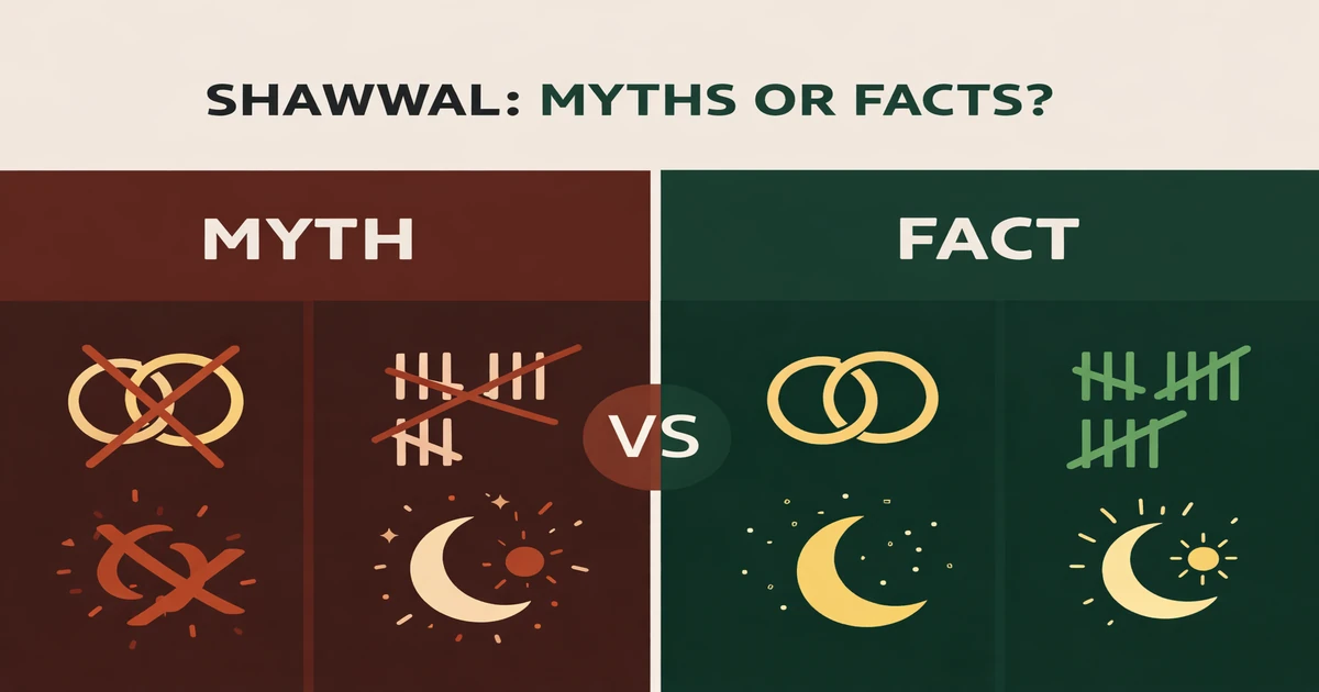 Myths vs facts about Shawwal including marriage superstition correction, six voluntary fasts ruling, consecutive vs spaced schedules, qada order views, Eid fasting prohibition, and moon sighting confusion (2026)