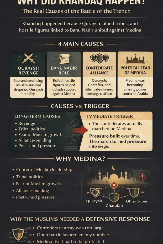 Causes of the Battle of the Trench: Why the Confederates Moved Against Medina 2 Infographic separating long-term causes from immediate triggers behind the siege of Medina, highlighting Quraysh revenge, Banu Nadir alliance-building, Ghatafan participation, and why the trench strategy became the defense response