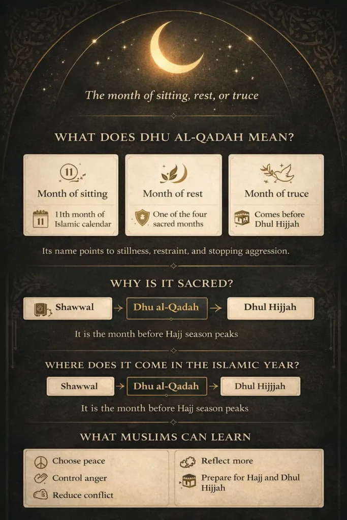 Dhu al-Qadah meaning 2 Infographic explaining the “month of sitting/truce” meaning, where it sits in the Islamic calendar, why it’s a sacred month (Quran 9:36), peace and no-fighting rule, key history notes, and simple kids-friendly facts (2026)