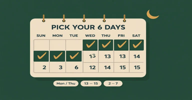 Six voluntary fasts after Eid al-Fitr with 6-day plan options (sprint, Mondays/Thursdays, White Days + extras), make-up fast order guidance, and common mistakes to avoid (2026)