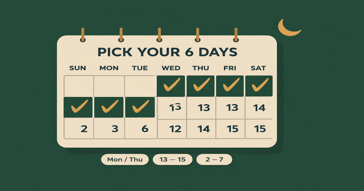 Six voluntary fasts after Eid al-Fitr with 6-day plan options (sprint, Mondays/Thursdays, White Days + extras), make-up fast order guidance, and common mistakes to avoid (2026)