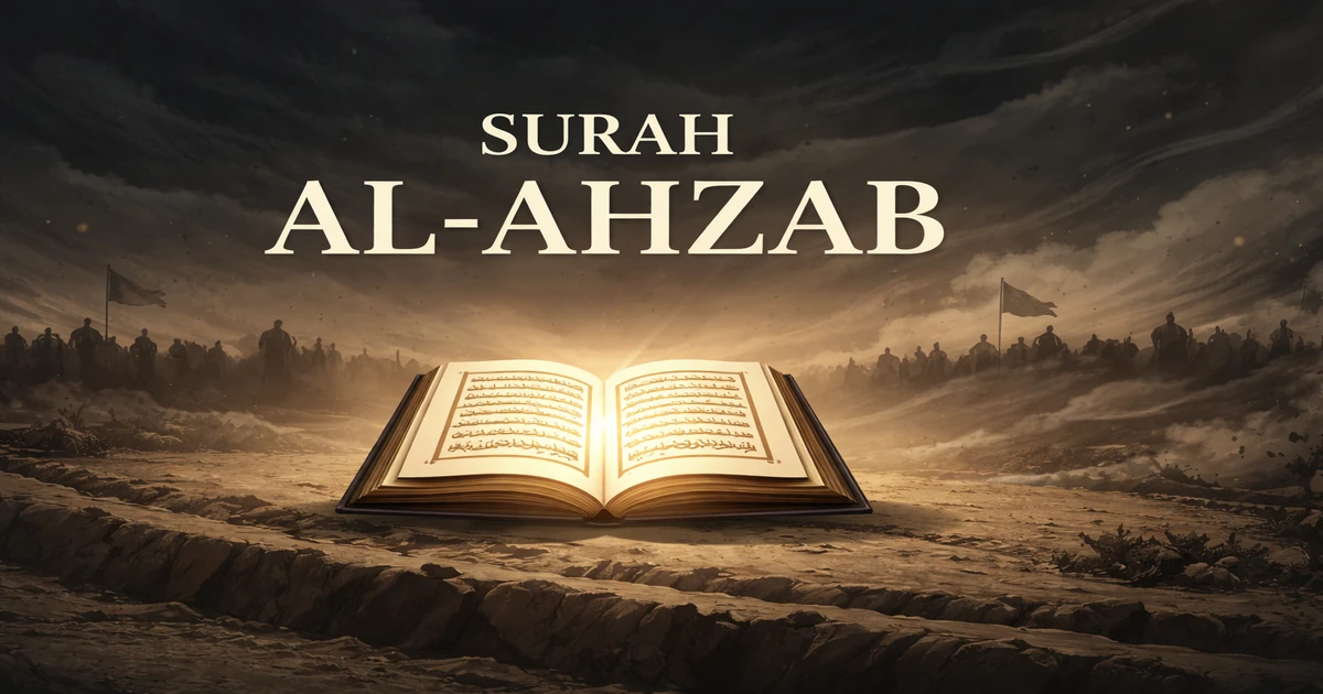 Surah Al-Ahzab (33) overview of the Medina siege showing confederates, hypocrites, fear and testing of believers, and divine help through wind as key Qur’anic themes