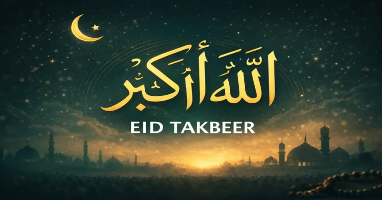 Takbeer for Eid guide with Arabic text, transliteration, English meaning, start and end times for al-Fitr and Tashreeq days, after-salah recitation rules, men vs women voice guidance, and Saudi Eid prayer extra takbeers (2026)
