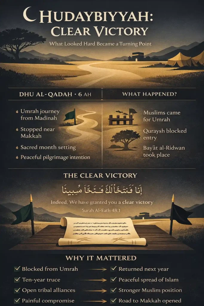 Treaty of Hudaybiyyah in Dhu al-Qadah: Clear Victory, Terms, and Lessons 2 Infographic timeline of the truce near Makkah in 6 AH: departure from Madinah, Umrah attempt stopped, pledge under the tree, main treaty terms, and why it became a clear victory leading toward Makkah
