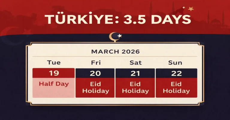 Türkiye Ramazan Bayramı 2026 official dates with Arife half-day from 13:00, 3.5-day holiday calendar, bayram mesaisi pay rules, and 2026 national and religious public holidays