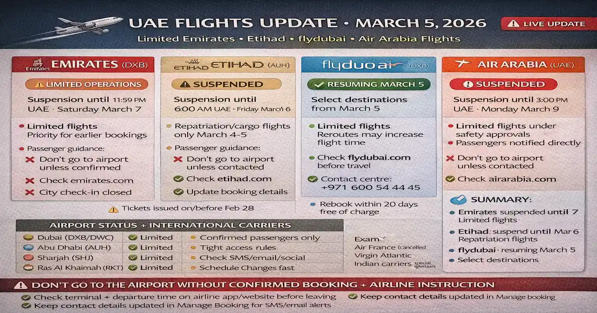 UAE airport limited operations update for DXB DWC AUH SHJ RKT with Emirates Etihad flydubai and Air Arabia suspension windows, flight status checks, rebooking refund options, and repatriation guidance