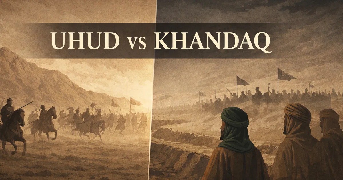 Seerah battle comparison showing open battlefield vs defensive trench siege, how pressure on Medina changed, and why outcomes and lessons differed between Uhud and Khandaq (2026)