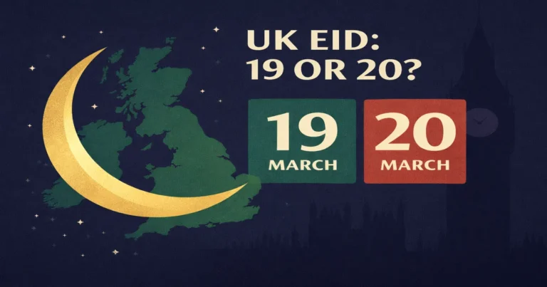 UK Eid date guide for 2026 with local vs Saudi moon sighting differences, mosque announcement timing, Eid prayer planning in London, and Fitrana deadline before prayer (March 19 or 20)
