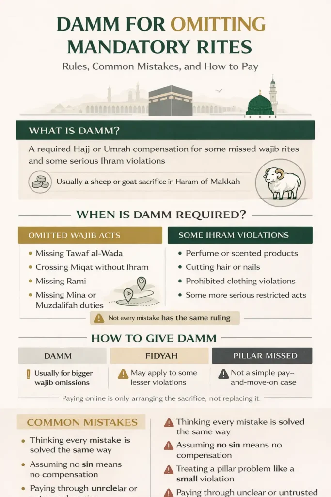 Damm for Omitting Mandatory Rites 2 Infographic showing common Hajj and Umrah mistakes that trigger a sacrifice penalty or smaller expiation, with a simple decision flow for Miqat issues, Tawaf/Sa’i, Rami, Mina/Muzdalifah nights, and Ihram violations plus where and how to pay