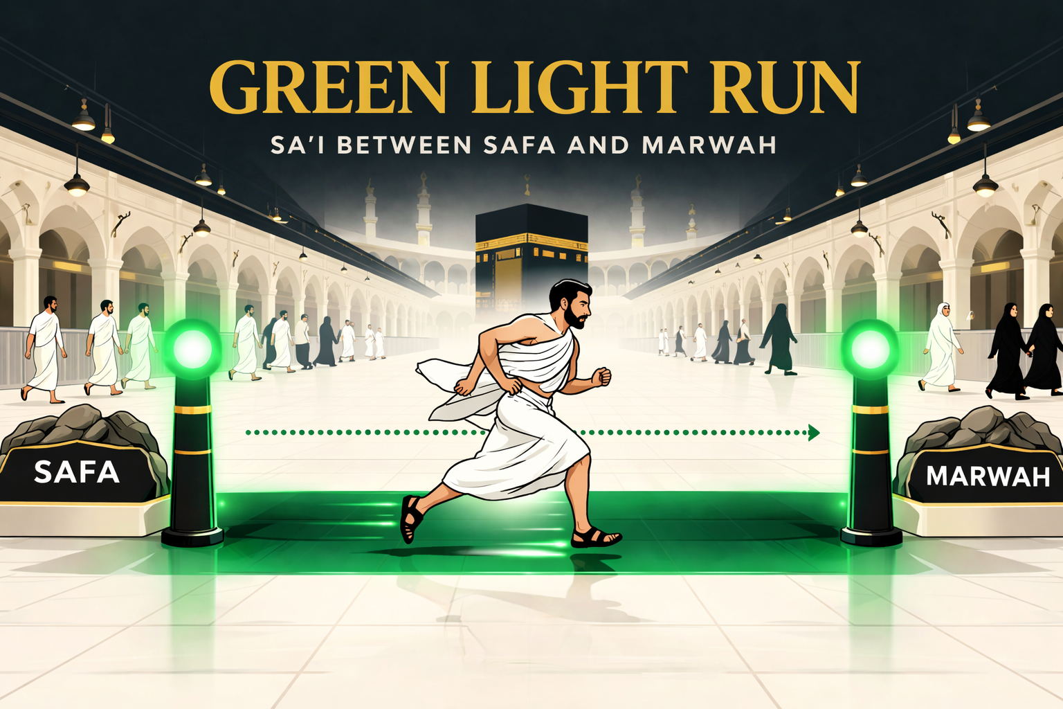 Umrah and Hajj ritual walk guide showing 7 laps between two hills inside Masjid al-Haram, green light running zone for men, start-to-end direction, key duas, and counting rules