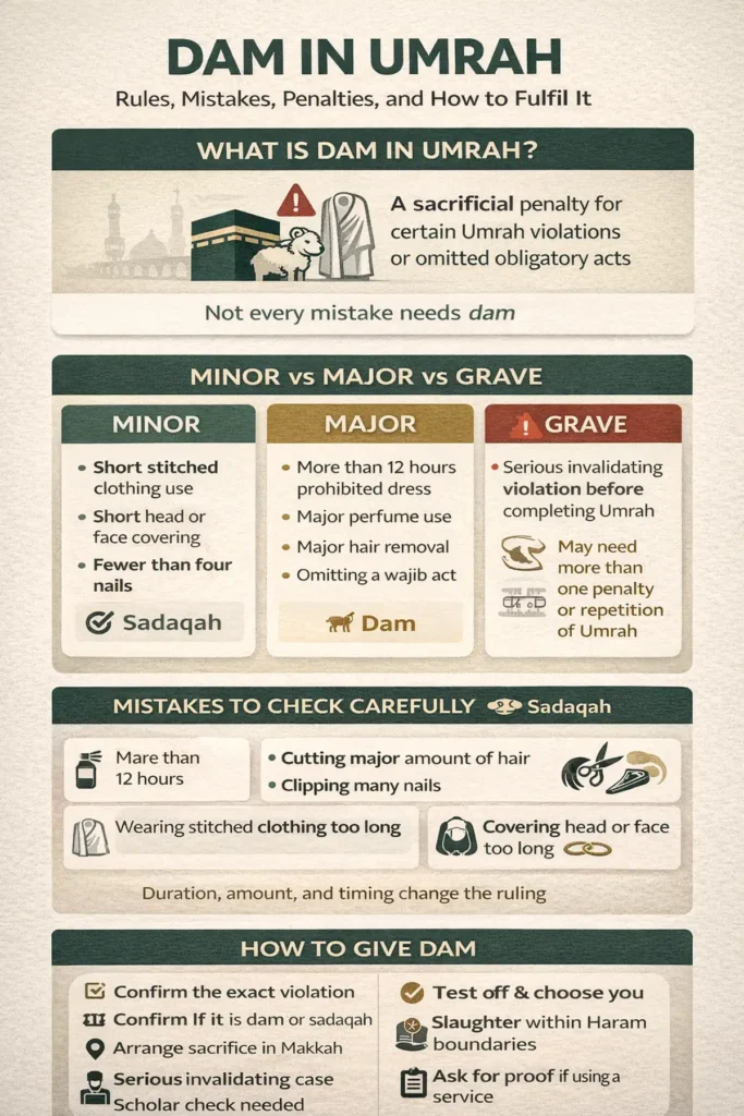 Infographic chart of Umrah ihram violations and penalties showing which cases need sacrifice-based correction vs sadaqah or fasting, with examples like miqat without ihram, perfume, hair/nails, stitched clothing, head covering, and where it must be done in Makkah Haram