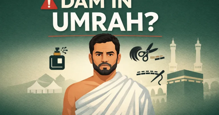 Dam in Umrah 20 Umrah penalty guide explaining sacrifice-based correction for ihram violations and missed wajib acts, including miqat without ihram, perfume, hair or nails cutting, stitched clothing, head covering, where to fulfil in Makkah, and online arrangement options