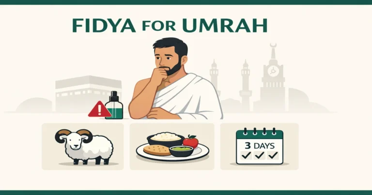 Fidya for Umrah 4 Umrah compensation guide for common Ihram mistakes showing when sacrifice, feeding six poor people, or fasting three days applies, including missing miqat, hair or nails, perfume, stitched clothing, and where giving must happen inside the Haram