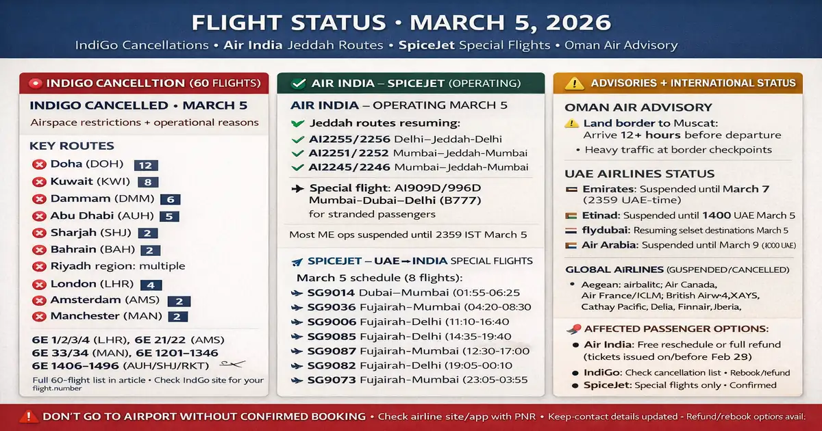 West Asia airspace restrictions flight update with IndiGo cancellations list, Air India Jeddah route changes, SpiceJet special UAE flights, Oman Air Muscat advisory, and Gulf connection disruption checklist