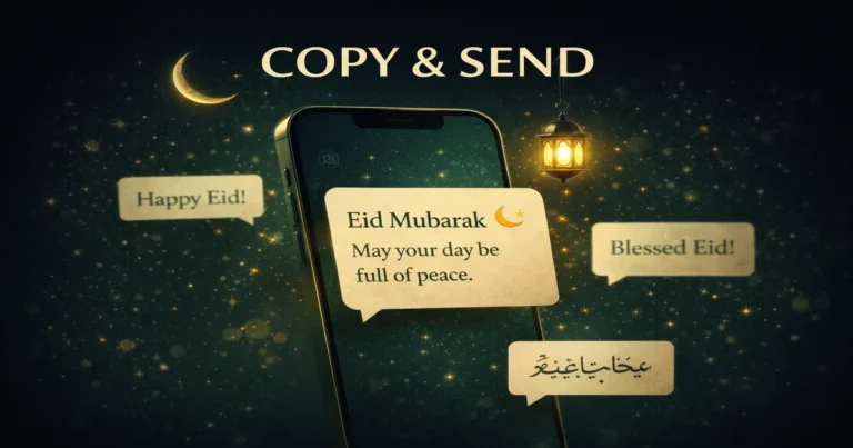 WhatsApp Eid greeting ideas with one-line messages, dua-style wishes, Arabic phrases meaning, short replies, status lines, and family friends work group templates (2026)