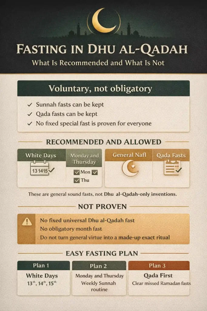 Fasting in Dhu al-Qadah 2 Fasting options chart: White Days, Monday Thursday Sunnah routine, qada fasts, and claims to avoid about fixed special dates in a sacred month (2026)