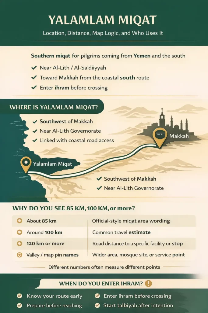 Yalamlam Miqat guide showing location near Al-Lith, southern route to Makkah, distance logic, and ihram timing