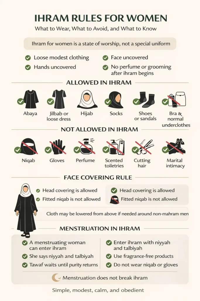 Infographic for women’s ihram rules covering allowed clothing, face-covering method with scarf, no perfume or scented toiletries, no gloves, hair and nail restrictions, menstruation do’s and don’ts, and common mistakes in Hajj and Umrah