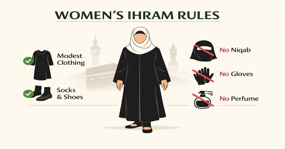 Women’s ihram guide showing modest loose clothing rules, face-covering boundary (no niqab), gloves and socks guidance, fragrance restrictions, and menstruation considerations for Hajj and Umrah