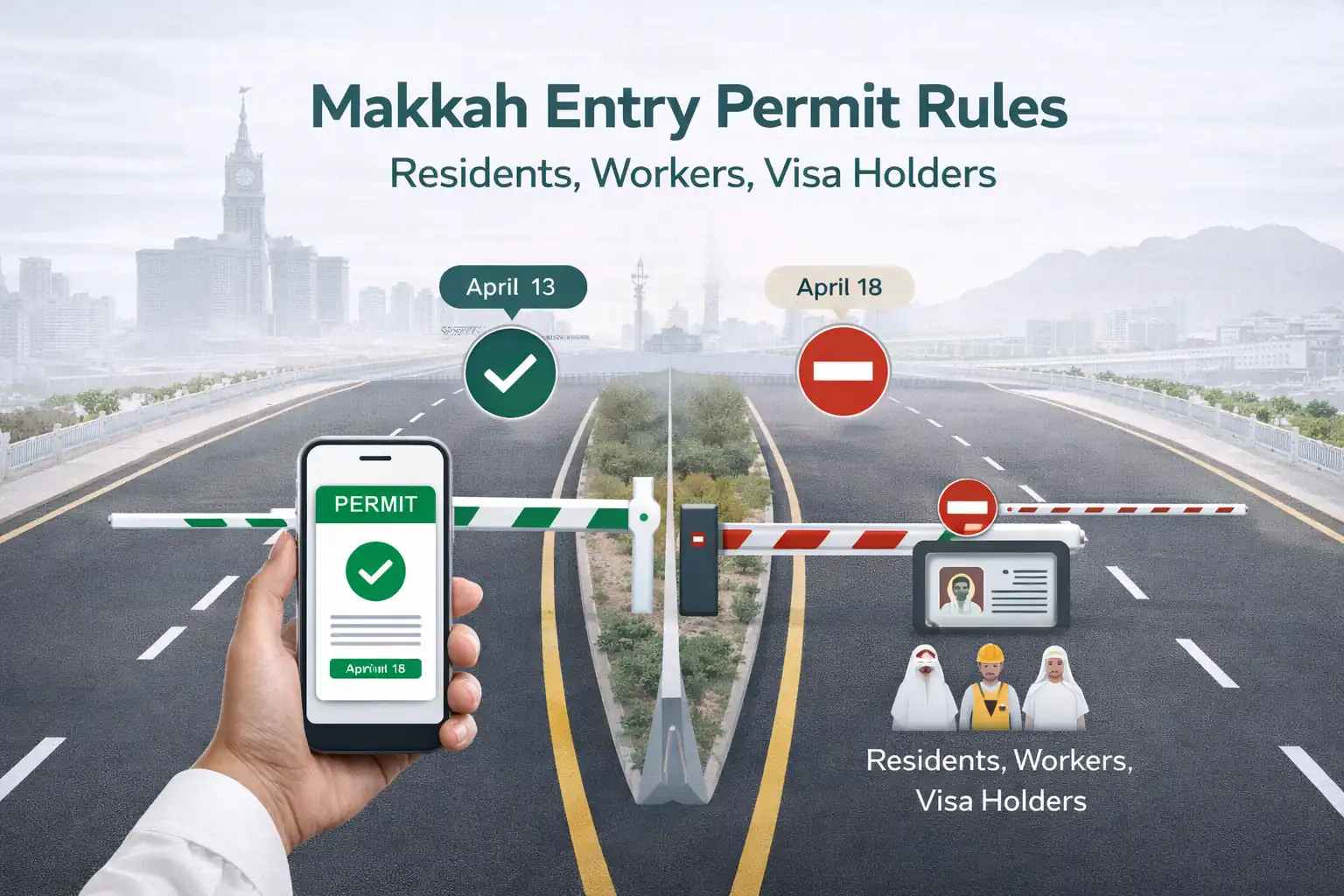 Saudi checkpoint showing approved digital permit for residents and workers via Absher or Muqeem, with restricted access for non-Hajj visa holders entering Makkah during Hajj season