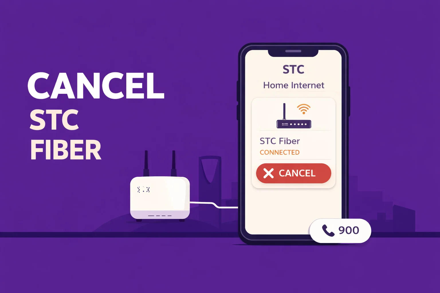 Cancel STC Landline Fiber Internet: mystc App, 900, Branch, Fees, and Return Rules 1 Saudi fixed home internet cancellation guide showing mySTC app steps, calling 900, branch request option, early termination fee idea, and ONT/ONU modem return checklist