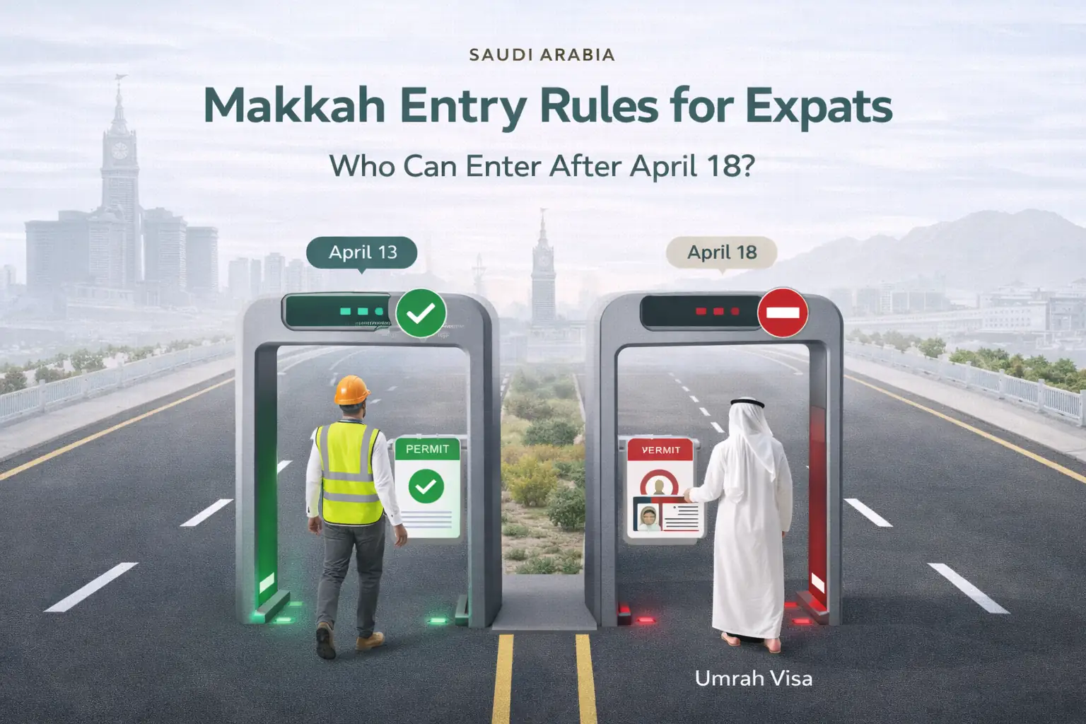 Makkah security checkpoint for expats showing Haj permit and Makkah-issued Iqama approval, with entry restrictions for Umrah visa holders and non-Haj visa categories after April 18 in Saudi Arabia